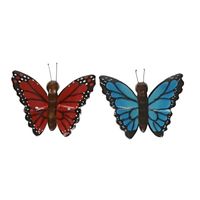 2x Houten magneten vlinders rood en blauw   -