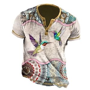 kolibrie en mandala grafisch herenshirt henley dierenkleding 3D-print buiten dagelijks korte mouw button-down ontwerper etnisch comfortabel kolibries casual witte katoenen knoop- Lightinthebox