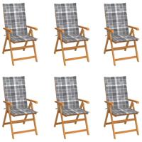 Tuinstoelen 6 st met grijs geruite kussens massief teakhout