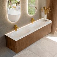Mondiaz KURVE-DLUX 175 cm Onderkast Greeploos 2 Lades Met Deuren Walnut, Wastafel Solid Surface Links Opalo 2 Kraangaten Zonder Spiegel (KRVSTS175R2L1D2KD-Wal/Opa)