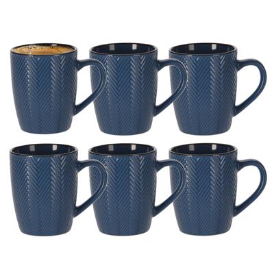 Siaki Koffiemok/theemok - 6x - Fishbone - blauw - 370 ml - mokken - keramiek