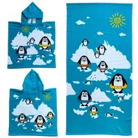 Set van bad cape/poncho met strand/badlaken microvezel - Strandhanddoeken voor kinderen met pinguins - Badcapes - thumbnail