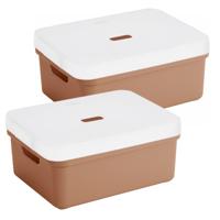 Sunware opbergbox / mand - 2x stuks - 24 liter - terra bruin - kunststof - met transparante deksel
