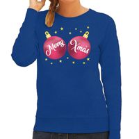 Foute kersttrui / sweater blauw met roze Merry Xmas voor dames - thumbnail