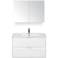 Porto Badmeubelset 90 cm - Wit Hoogglans - Keramische Wastafel Wit Slim met Spiegelkast