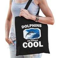 Katoenen tasje dolphins are serious cool zwart - dolfijnen/ dolfijn groep cadeau tas   - - thumbnail