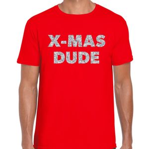 Foute Kerst t-shirt X-mas dude zilver glitter op rood heren