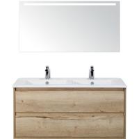 Porto Badmeubelset 120 cm - 2 Laden Natuur Eiken - Keramische Wastafel Wit Slim met Sence Spiegel
