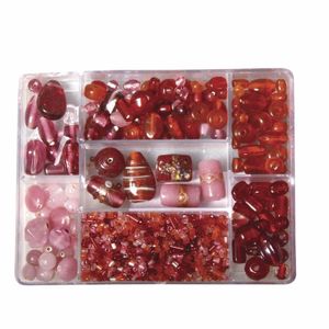 Roze/rode glaskralen in opbergdoos 115 gram hobbymateriaal   -