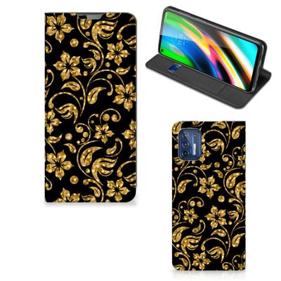 Motorola Moto G9 Plus Smart Cover Gouden Bloemen Motorola Moto G9 Plus Smart Cover Gouden Bloemen