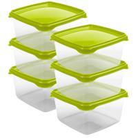 Vershoudbakjes Hega - set van 6x stuks - 1.3 liter - transparant/groen - L16 x B16 x H11 cm