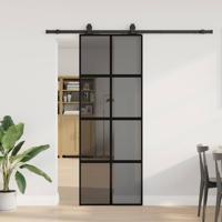 Schuifdeur met beslagset 76x205 cm gehard glas zwart