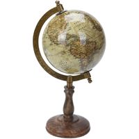 Decoratie wereldbol/globe beige op mangohouten voet 13 x 28 cm