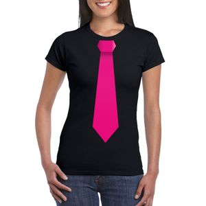 Zwart t-shirt met roze stropdas dames