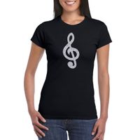 Zilveren muziek noot G-sleutel t-shirt zwart voor dames 2XL  -