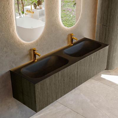 Badmeubel Mondiaz Kurve | 150 cm cm | Meubelkleur Shadow | Wastafelkleur Urban | Solid surface | Wasbak beiden zijden spoelbak | 2 kraangaten
