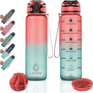 Lekro Waterfles met Tijdmarkeringen - Motiverende Drinkfles - 1 Liter - Roze/Blauw