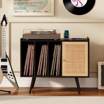 Rieten Platenspelerstandaard met Oplaadstation Vinyl Platenspeler Tafel voor 220 Platen Zwart