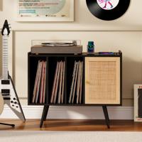 Rieten Platenspelerstandaard met Oplaadstation Vinyl Platenspeler Tafel voor 220 Platen Zwart
