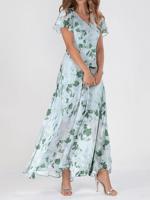 Women's Short Sleeve Summer Floral Chiffon V Neck Ruffled Sleeves Daily Going Out Elegant Maxi A-Line Dress Aqua - thumbnail