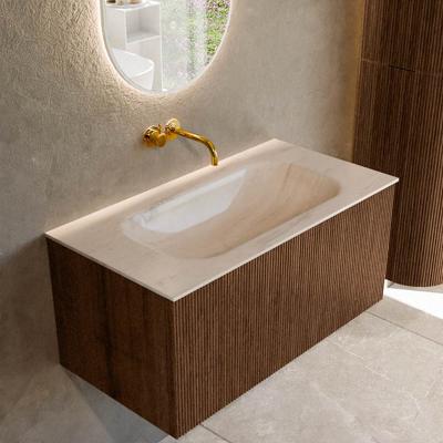 Badmeubel Mondiaz Kurve-Dlux | 90 cm | Meubelkleur Walnut | Wastafelkleur Meli | Solid surface | Wasbak midden spoelbak | Zonder kraangat(en)