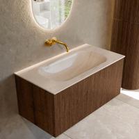 Badmeubel Mondiaz Kurve-Dlux | 90 cm | Meubelkleur Walnut | Wastafelkleur Meli | Solid surface | Wasbak midden spoelbak | Zonder kraangat(en)