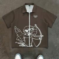 Bon&Bon Streetrush Men's Angel Graphic Zipper Shirt - Black Streetwear Coffee Brown / L
