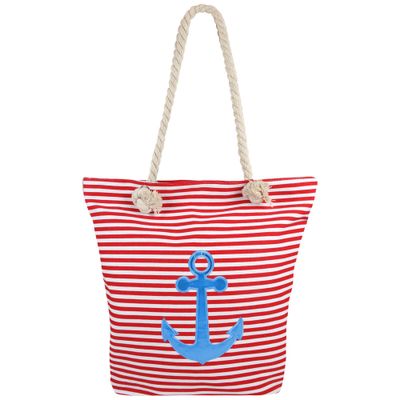 Strandtas strepen rood/wit met anker 34 x 37 cm