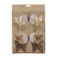 20x Kerstversiering vlinders op clip bruin/goud   - - thumbnail