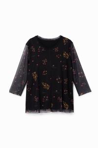 T-shirt met bloemen en tulen mouwen - BLACK - S