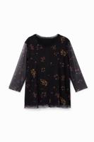 T-shirt met bloemen en tulen mouwen - BLACK - S