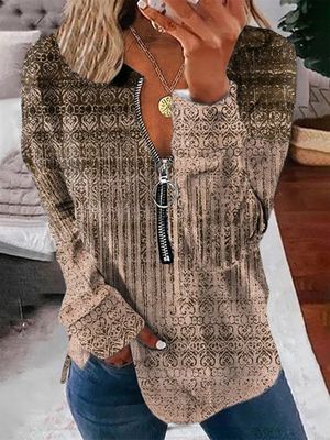 Ethnic Long Sleeve Zipper V Neck Casual Sweatshirt