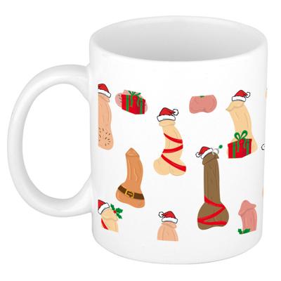 Foute humor - Kerst cadeau koffie mok - Met feestelijke piemels - wit - voor vrouwen