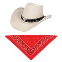 Carnaval verkleedset luxe model cowboyhoed Rodeo - creme wit - en rode hals zakdoek - voor volwassen - thumbnail