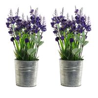 2x stuks lavendel kunstplanten/kamerplanten paars in grijze sierpot H28 cm x D18 cm