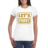 Verkleed T-shirt voor dames - lets party - wit - glitter goud - carnaval/themafeest - thumbnail