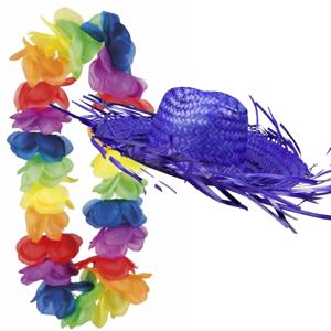 Carnaval verkleedset - Tropical Hawaii party - strohoed - en volle bloemenslinger multi colours