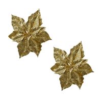 2x stuks decoratie bloemen kerstster goud glitter op clip 23 cm - thumbnail