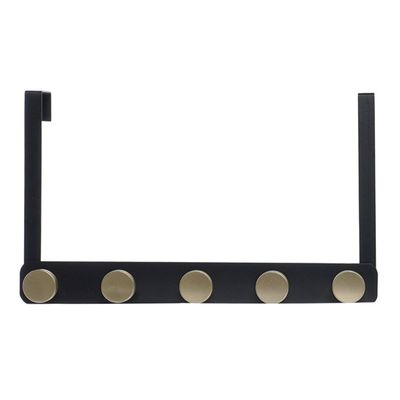Metalen deurkapstok/rek zwart met 5 goudkleurige ophangknoppen 33 cm