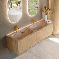 Badmeubel Mondiaz Kurve-Dlux | 165 cm | Meubelkleur Oak | Wastafelkleur Arena | Solid surface | Dubbel / Links spoelbak | 2 kraangaten