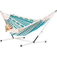 Tweepersoons hangmat met metalen standaard - 350x160cm - BlauwGroen - 160kg draagkracht- 100% katoen - binnen & buiten Tweepersoons hangmat met metalen standaard - 350x160cm - BlauwGroen - 160kg draagkracht- 100% katoen - binnen & buiten