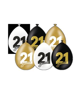 Ballonnen Celebration 21 Jaar Wit/Goud/Zwart (6st)