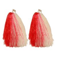 2x Stuks cheerball/pompom rood/wit met ringgreep 33 cm