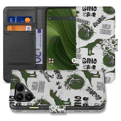 Fairphone 6 | Bookcase | Hoesje met Dino Print Design in PU Leer en Pasjesvakken voor Bescherming