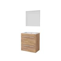 Basic-Line Basic 39 Badkamermeubelset - Ondiep - 60 x 39 cm - Met Grepen - 2 Lades - Keramische Wastafel - 1 Kraangat - Spiegel - Whisky Oak