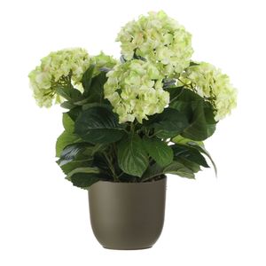 Hortensia kunstplant/kunstbloemen 45 cm - groen - in pot olijfgroen mat