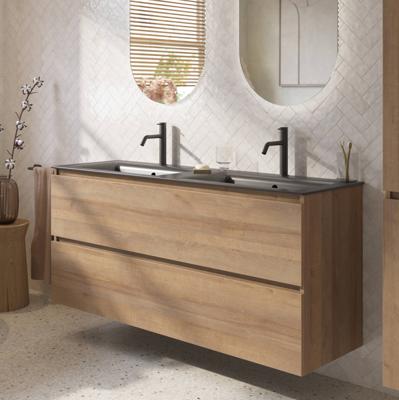 Saqu Terra voorgemonteerd badmeubel incl. mat zwarte keramische wastafel 141x46cm denver eiken