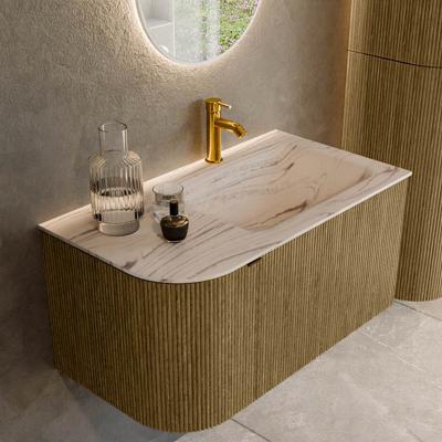 Badmeubel Mondiaz Kurve-Dlux | 85 cm | Meubelkleur Dusk | Wastafelkleur Nata | Solid surface | Wasbak rechter zijde spoelbak | 1 kraangat