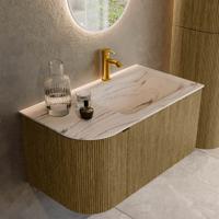 Badmeubel Mondiaz Kurve-Dlux | 85 cm | Meubelkleur Dusk | Wastafelkleur Nata | Solid surface | Wasbak rechter zijde spoelbak | 1 kraangat