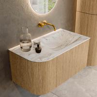 Mondiaz KURVE-DLUX 85 cm Onderkast Greeploos 1 Lade Met Deuren Oak, Wastafel Solid Surface Rechts Glace 0 Kraangaten Zonder Spiegel (KRVCLO85L1L1D0KR-Oak/Gla)